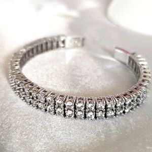Flexible CZ  2-Row Cubic Zirconia 925  Sterling Silver ADI Cuff Bracelet!
